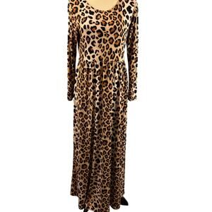 Cheetah Animal Print Maxi Dress Med. Lg Long Sleeve Comfort Pockets Dopamine